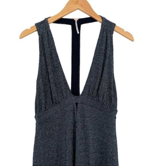 Free People Glittery Deep-V Mini Dress With Strappy Back Design Black & Silver S - Picture 7 of 9